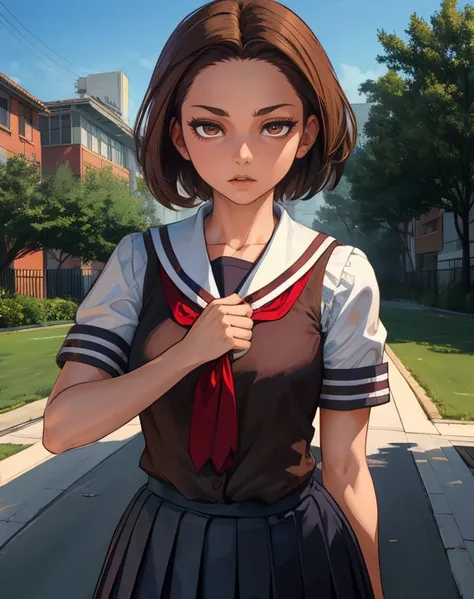 Akira,brown hair,brown eyes,short hair,
shirt with white sleeves,skirt,short sleeves,red string knot,
standing,upper body,
morning,school yard,
(insanely detailed, masterpiece, best quality,beautiful detailed eyes),solo,<lora:akira:0.8>,