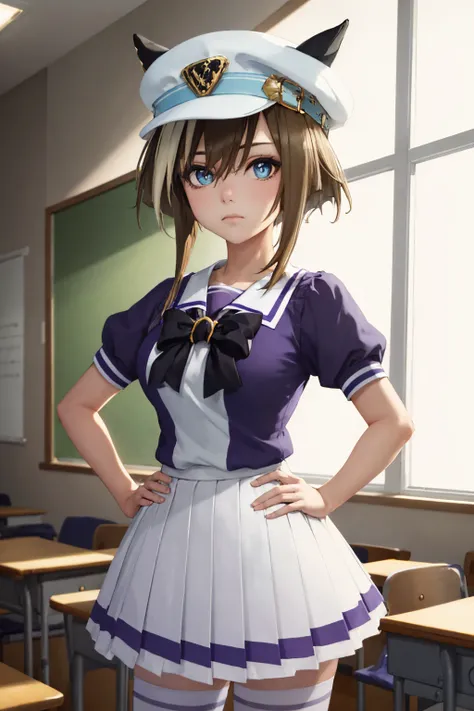 (masterpiece, best quality:1.2), solo, 1girl, chevalgrand, expressionless, looking at viewer, hand on hip, hat, horse ears, tracen school uniform, purple shirt, puffy short sleeves, white skirt, white thighhighs, horse tail, indoors, classroom <lora:umamus...