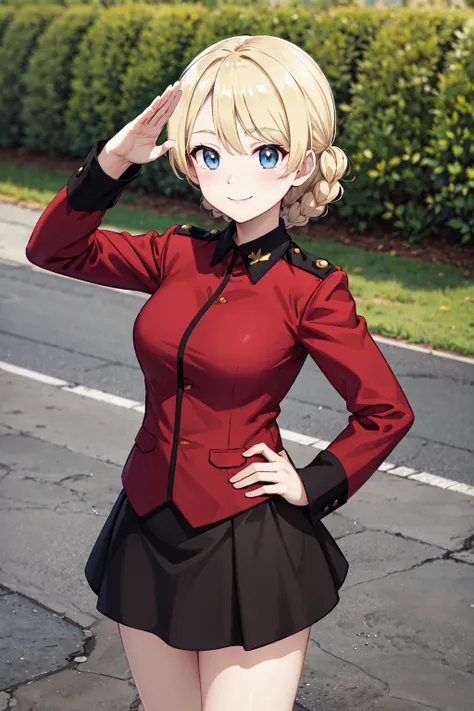 masterpiece,best quality,highres,ultra-detailed,bbdarjeeling,short hair,braid,bangs,st. glorianas military uniform,epaulettes,(red jacket:1.2),long sleeves,black skirt,boots,black footwear,<lora:darjeeling:0.8>,outdoors,standing,cowboy shot,smile,salute,