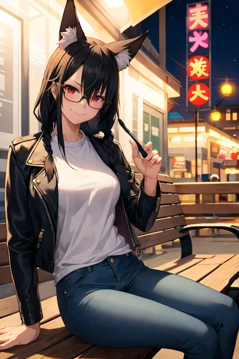 1girl, solo, sidelocks, twinbraids, (black hair), red eyes, smug, smirk, glasses, sitting, bench, partk, at night, long hair, white sweater, (leather jacket), (black jacket:1.2), fox girl, fox ears, fox tail, jeans, black tail,  <lora:satou-daiji-Style_111...