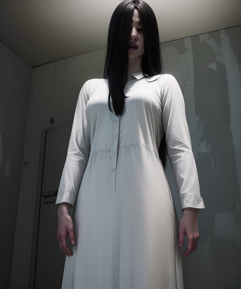 Sadako,long black hair,pale skin,hair over eyes,hair hair between eyes,sagging breasts,
dirty white dress,long sleeves,from below,
standing,upper body,
dark room,dim lighting,
(insanely detailed,masterpiece, best quality),solo,<lora:TheOnryoL:0.8>,