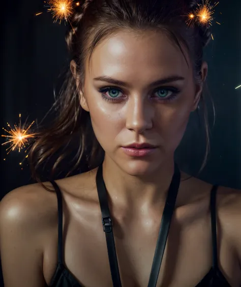 ,woman focus,  solo, <lora:quiron_MaitlandWard_v1_Lora:0.87> , realistic , photorealistic, award winning photo,  close portrait of gorgeous eye contact of a 1girl with bun hair and dark theme, glowing in fine light particles, explosion of brilliant sparks ...