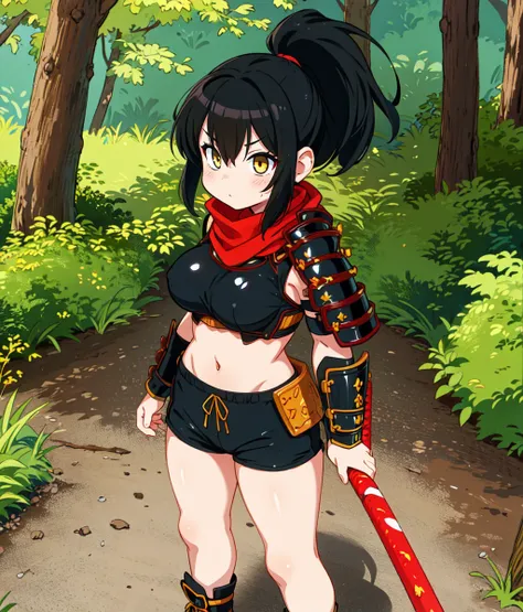 anime screencap, masterpiece, best quality, detailed face, detailed eyes, 1girl, solo, black hair. yellow eyes, ponytail, black costume, samurai armor, red carf, big breasts, shorts, full body, standing, cowboy shot, forest, outdoors <lora:Izumi:0.8>