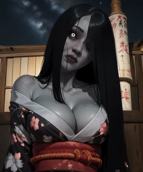 Hisako,grey skin,long hair,hair over one eye,black sclera,white pupils,looking at viewer,scars,
red kimono with floral print,off shoulder,torn clothes,head tilt,cleavage,
green aura,japanese ghost village,night sky, from below, 
standing,upper body,
(insan...