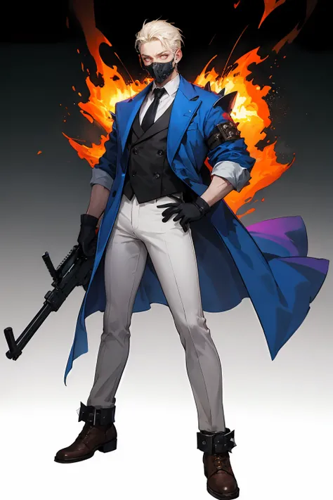 HEZI, Fighting soul character design, bright colors, European and American game style, solo, brown footwear, 1boy, weapon, male focus, gloves, white background, pants, holding, shoes, gun, simple background, holding weapon, mask, spikes, jacket, holding gu...