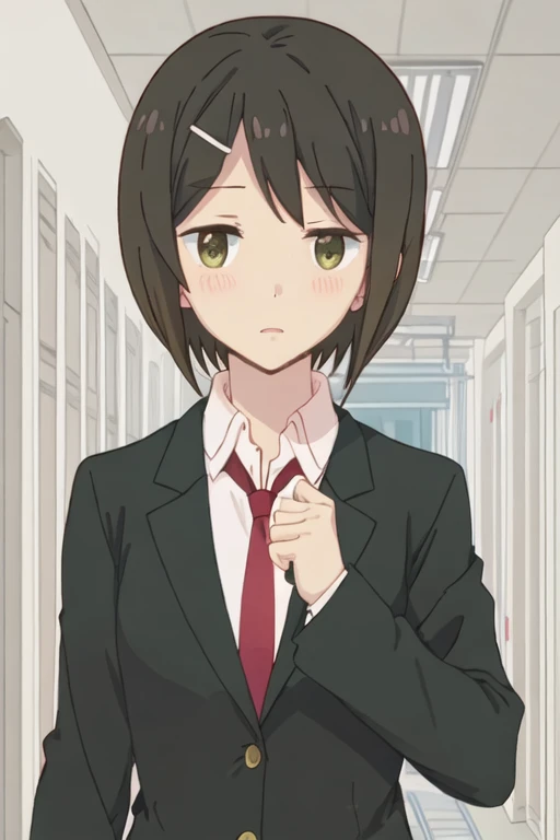 best quality, masterpiece, highres, solo, {kaede_ikeno_sakuratrick:1.15}, short_hair, hair_ornament, hairclip, blush, black_hair, brown_hair, green_eyes, necktie, 1girl, blazer, jacket, red_necktie, school_uniform