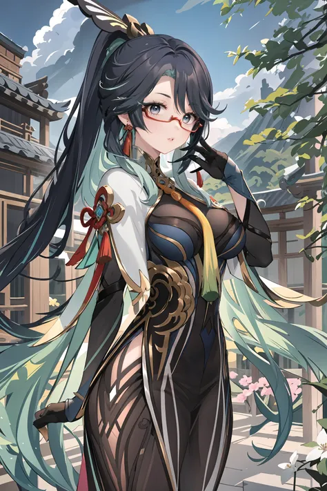 1girl, xianyun (genshin impact), solo, glasses, black gloves, hair ornament, earrings, china dress, detached sleeves, cloak, bodystocking, cowboy shot, standing, looking at viewer, hand on own face, parted lips, plum blossoms, east asian architecture, outd...