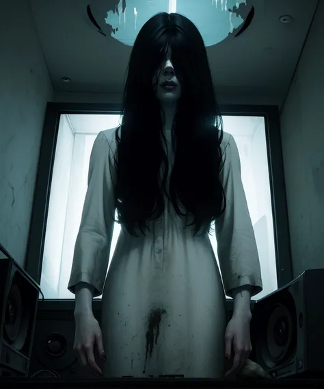 Sadako,long black hair,pale skin,hair over eyes,hair hair between eyes,
dirty white dress,long sleeves,from below, looking_down, 
standing,
dark room,dim lighting,television,horror (theme),
(insanely detailed,masterpiece, best quality),solo,<lora:TheOnryoS...