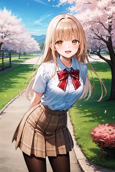 masterpiece, best quality, highres, aamahiru, long hair, red bowtie, white shirt, short sleeves, plaid skirt, brown skirt, pantyhose, <lora:shiina_mahiru_v1:0.7>, standing, cowboy shot, leaning forward, arms behind back, outdoors, cherry blossoms, smile, o...