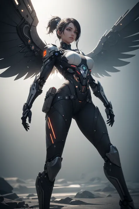 (Two mechanical wings:1.2),((Best quality)),((masterpiece)),(detailed:1.2),3D,an image of a beautiful cyberpunk female with all black armour,HDR (High Dynamic Range),Ray Tracing,NVIDIA RTX,Super-Resolution,Unreal 5,Subsurface scattering,PBR Texturing,Post-...