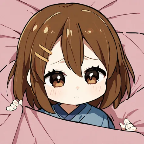 1girl, hirasawa yui, wrapped in quilt, looking tired, warm, masterpiece, latest, vibrant color, chibi anime, cute, best quality, rating: general, latest <lora:yui_xl_a3-000027:1>