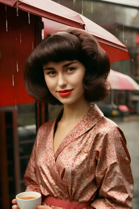 kimbra face closeup, 1980s,  gorgeous,  closeup, upper body, 
marie dashkova style,,
unnatural,
Red modest dress, 
 highres, detailed, well dressed, realistic, 
Cozy coffee shop and rainy day at the background, best quality, masterpiece,   <lora:kimbra:0.6...