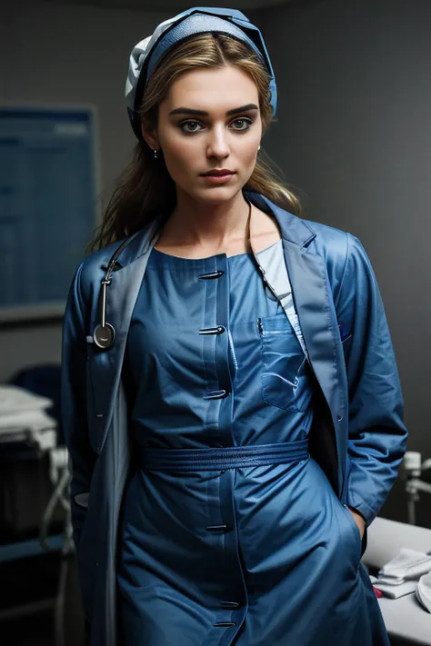 a professional photograph of beautiful (M36D0n:1.1) woman,as a surgeon physician,wearing a (steel blue lab coat:1.2) over (indigo dress:1.2),with stethoscope around neck,name tag on lapel,holding an (x-ray chart:1.4),standing in a hospital surgery suite,we...