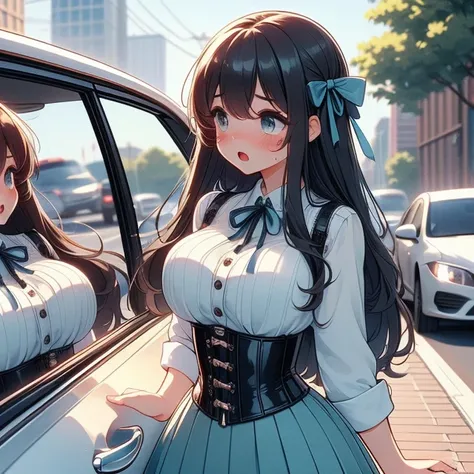 (((masterpiece))),  (((best quality))),  (((looking car glass))),  ((mirror on window)),  longhair,  ribbon,  big tits,  corset,  cyan pleated shirt,  button skirt,  sweat,  ribbon,  brown longhair,  suprise,  open mouth,  shy,  blush,  sidewalk,<lora:EMS-...