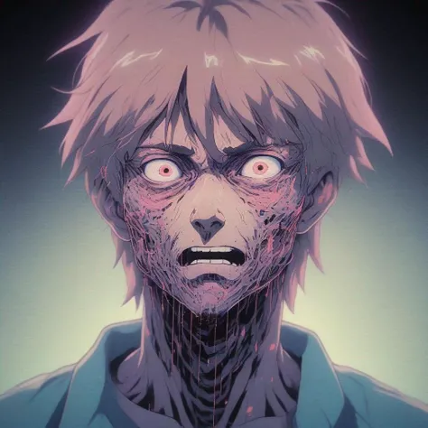 1980s anime portrait of a character glitching. His face is separated from
      his body by heavy static. His face is deformed by pain. Dream-like, analog
      horror, glitch, terrifying