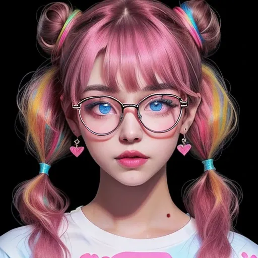 1girl,solo,jewelry,earrings,multicolored hair,looking at viewer,glasses,black background,pink-framed eyewear,heart,parted lips,pink hair,bangs,heart earrings,twintails,upper body,shirt,double bun,hair bun,long hair,sparkle,portrait,blue eyes,print shirt,<l...