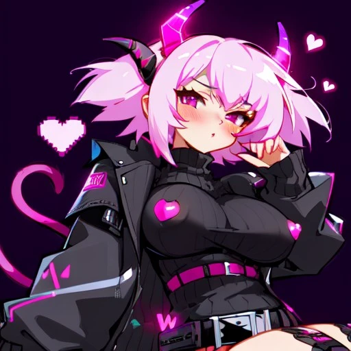 MotherV3, pink digital horns, massive breasts, blushing, high quality, black sweater pink tail with heart at the end of it, white short hair, cyberpunk markings on face, belts on the sweater, nipples showing