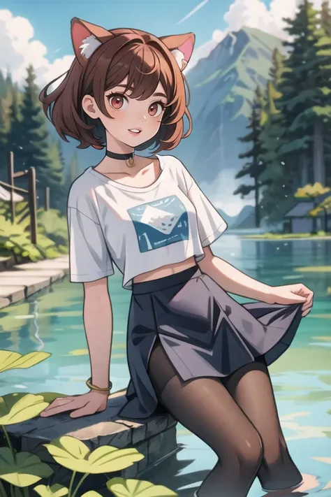 1girl,animal ears,choker,jewelry, reflection,1girl, close up, oversized t-shirt,brown hair,choker,parted lips,submerged,plant,pantyhose,blue hair,cloudy sky,mountain,original,navel,sign,tree,red eyes,dress,solo,