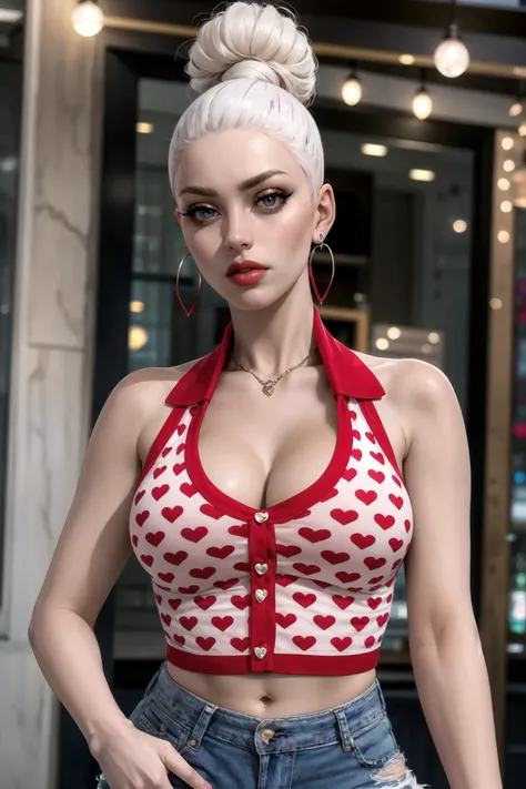 (portrait photo:1.1), curvy, (pale skin:1.3), (Textured Quiff with Skin Fade:1.1), wearing, h3artt4nktop,  white tanktop red hearts halterneck crop top, <lora:h3artt4nktop-07:0.85>,  (jean shorts:1.1), best quality, high detail, high quality, high res, 4k,...