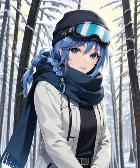 (adult woman), (1girl, solo), (looking at viewer), (ski goggles, goggles on head), (ski cap, ski coat, scarf), (blue hair, braid), (grey eyes), ((trees, slope)), (night, stars), (best quality, high detail), ((masterpiece)), <lora:1_iizukitasuku_20e:1>