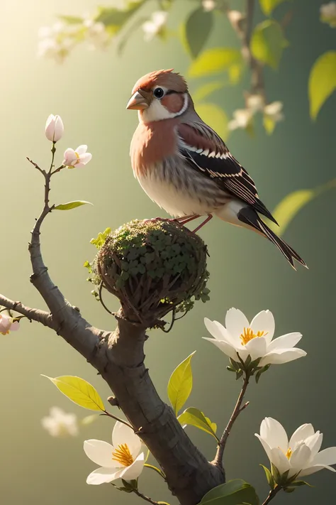 a tiny finch on a branch with (spring flowers on background:1.0), aesthetically inspired by Evelyn De Morgan, art by Bill Sienkiewicz and Dr. Seuss, ray tracing, volumetric lighting, octane render.