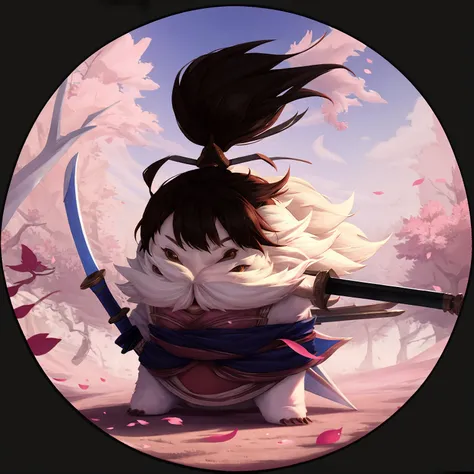 HEZI, Teamfight Tactics, little heroes, weapon, brown hair, brown eyes, solo, cherry blossoms, ponytail, sheath, holding, holding weapon, outdoors, 1girl, long hair, tree, petals, sword, chibi, standing, fighting stance, ninja, full body, male focus, sheat...