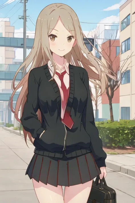 best quality, masterpiece, highres, solo, {kotone_noda_sakuratrick:1.15}, blush, long_hair, brown_hair, smile, brown_eyes, blonde_hair, 1girl, looking_at_viewer, school_uniform, necktie, shirt, sweater