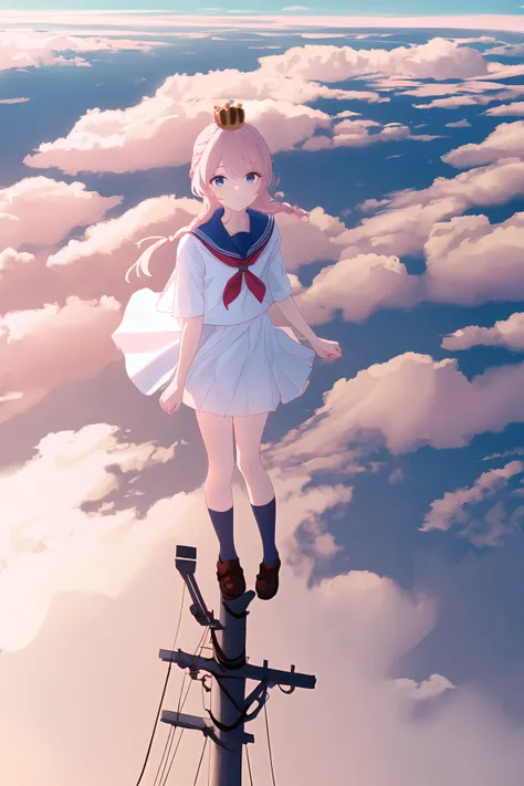 (best quality, masterpiece, highres),1girl,solo,crown braid,serafuku,looking at viewer,above clouds,cloud,from above,
<lora:on utility pole_v1.05:1>,on utility pole,