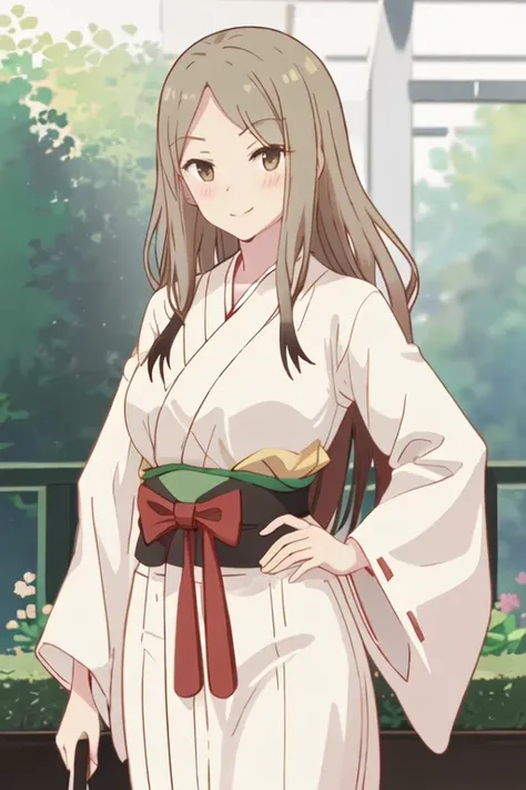 best quality, masterpiece, highres, solo, {white kimono:1.35}, {red hakama:1.35}, {wide sleeves:1.20}, {kotone_noda_sakuratrick:1.15}, blush, long_hair, brown_hair, smile, brown_eyes, blonde_hair