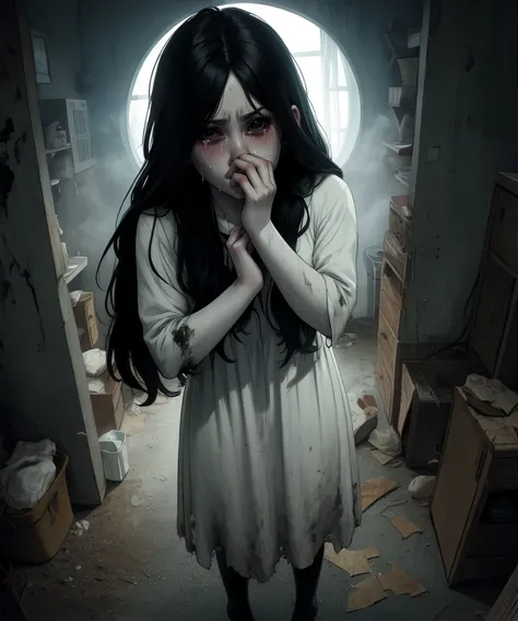 Sadako,long black hair,pale skin,hair over eyes,black eyes,crying, 
White dress,dirty clothes,sad,
solo,night,
(insanely detailed,masterpiece, best quality),solo,<lora:TheOnryoS-10DBDV8:0.8>,