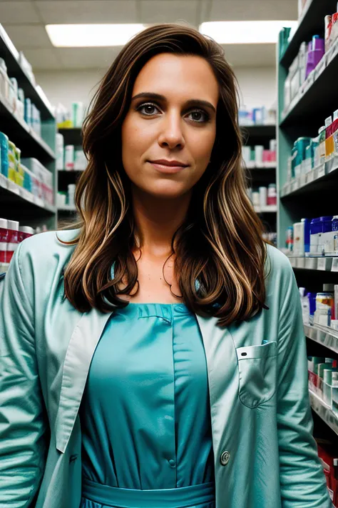 a professional photograph of beautiful (KW116:1.1) woman,as a pharmacist,wearing a (seafoam lab coat over her dress:1.2),(holding a large medicine bottle:1.3),standing in a pharmacy,with stocked shelves with medicine and drugs and supplies,a pharmacists jo...