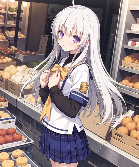 cds school uniform,long sleeves,white hair,purple eyes,long hair,ahoge,bangs,looking at viewer,straight_hair,happy,(from side:0.7),market stall,street,, masterpiece,best quality,, masterpiece, best quality,