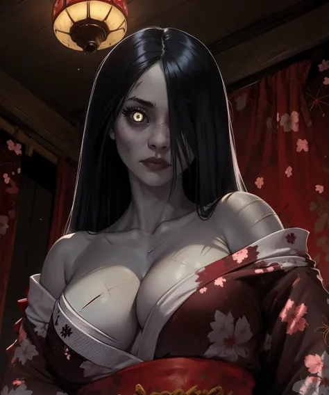 Hisako,grey skin,long straight hair,hair over one eye,black sclera,white pupils,looking at viewer,scars,
dark red kimono with floral print,off shoulder,torn clothes,head tilt,cleavage,
japanese village,night,from below,
standing,upper body,
(insanely detai...