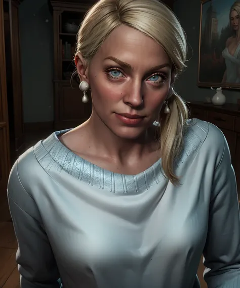 Myra,blonde hair,ponytail,looking at viewer,
blue  sweater,white pants,small earrings,
solo,smile,
small home,winter,
(insanely detailed, beautiful detailed face, masterpiece, best quality) <lora:Myra-10TEW2v8:0.7>,