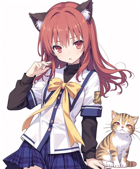 cds school uniform,petite,red hair,cat ears,red eyes,+_+,collarbonea,teen,black long sleeves,masterpiece,best quality,, masterpiece,best quality,