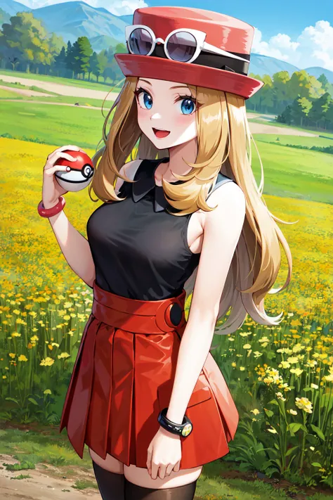 masterpiece, best quality, highres, aaserena, solo, long hair, eyewear on headwear, pink headwear, eyelashes, blue eyes, sleeveless shirt, black shirt, bracelet, high-waist skirt, red skirt, black thighhighs, <lora:serena_(pokemon)_v2:0.7>, standing, field...