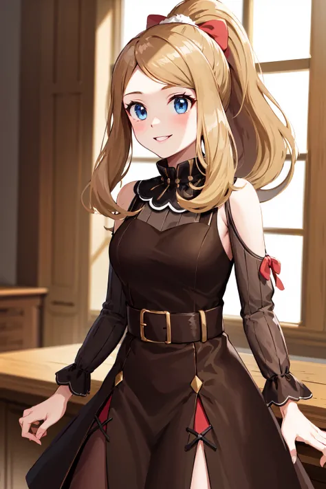 masterpiece, best quality, highres, eeserena, solo, long hair, ponytail, hair bow, sidelocks, eyelashes, blue eyes, (brown dress:1.1), shoulder cutout, long sleeves, <lora:serena_(pokemon)_v2:0.7>, standing, cowboy shot, smile, indoors