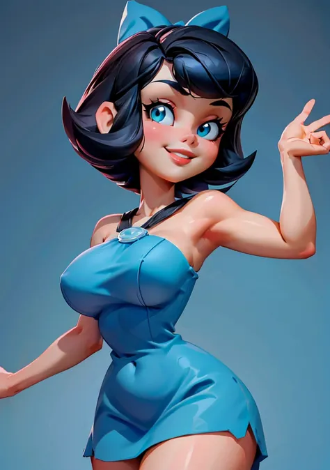 (BettyOC:1), (short hair, black hair, blue dress, hair bow, jewelry, bare shoulders), (curvy, big breast), looking at viewer, smile, leaning forward, sexy, cute, simple background,
(dynamic pose:1), (dynamic angle), (cowboy shot:1.2),
(masterpiece:1.2), (b...