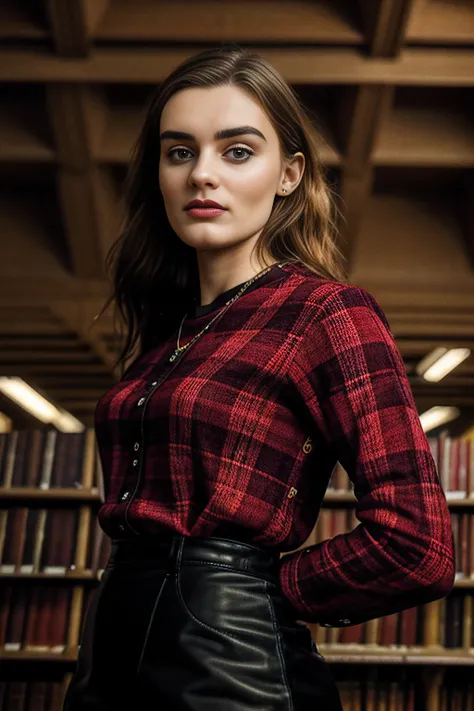 a professional photograph of beautiful (M36D0n:1.1) woman,as a librarian,wearing a red plaid dress,standing in a (library at Oxford University:1.3),holding an leather bound Oxford dictionary,with students studying at (wooden desks:1.2),with (high arched ce...