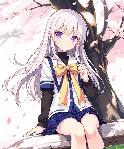 cds school uniform,long sleeves,white hair,purple eyes,long hair,ahoge,bangs,looking at viewer,straight_hair,in tree,cherry blossoms,cherry tree,sitting,happy,market stall,masterpiece,best quality,