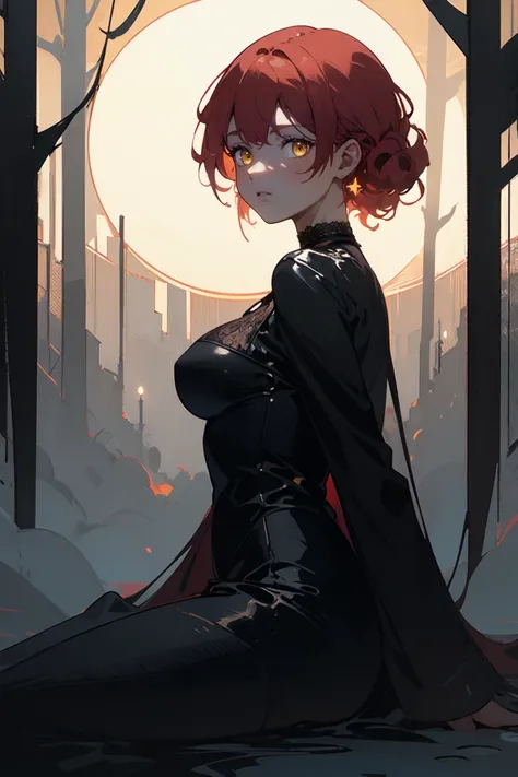 1girl, solo, red hair, Pinned-Back Curly Hair, yellow eyes, looking at viewer, sitting, spread legs, cowboy shot, [from side], large breasts, 
gold theme, masterpiece, best quality, foggy dark forest. eerie gothic vibes, anxious, shiny skin, modern clothin...