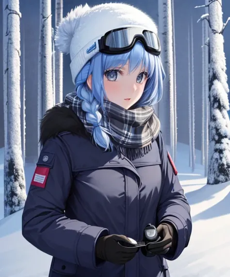 (adult woman), (1girl, solo), (looking at viewer), (ski goggles, goggles on head), (ski cap, ski coat, scarf), (blue hair, braid), (grey eyes), ((trees, slope)), (night, stars), (best quality, high detail), ((masterpiece)), <lora:1_tenmaso_15e:1>