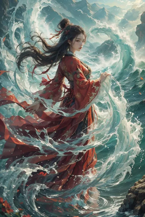 haifeisiv6,painting of a woman in a red dress standing in the water,feng zhu concept art,soaring waves,mtg style,((waves)),((su fu)),((finely detailed illustration)),((blossoming rhythm)),((kanliu666)),((concept art. 8 k)),((in a sea)),((whirling)),((lu ji...