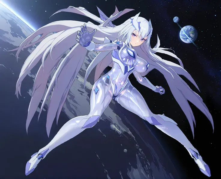 masterpiece,best quality,ultra detailed,(1girl:1.2),female focus,serious,universe background,planets,dusk,<lora:DiamondLoraXL-000004:1>,white long hair,transparent skin,bodysuit,breasts,full body,fighting pose,fighting with enemies in the outer space,mecha...