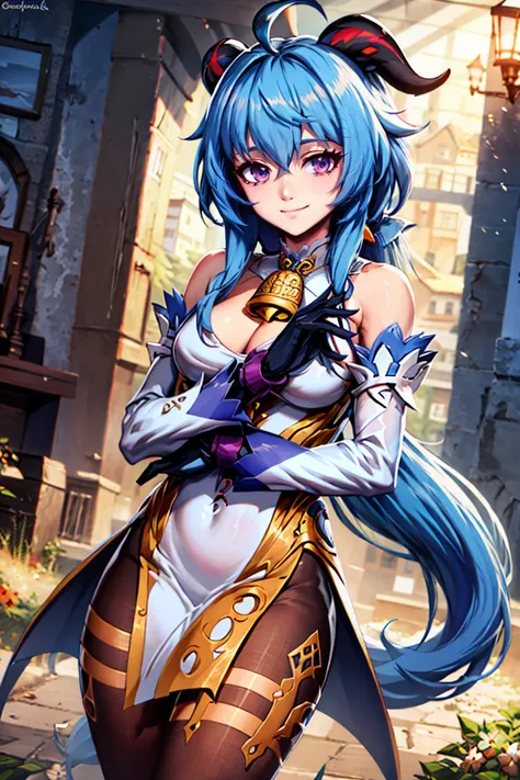 <lora:Genzoman_Style_Dim64:0.6>,((masterpiece,best quality)), absurdres, <lora:Ganyu_Genshin:0.8>,  Ganyu_Genshin, 1girl, solo, long hair, blue hair, purple eyes, low ponytail, ahoge, horns,  long hair, low ponytail, ahoge, horns, bare shoulders, neck bell...