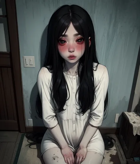 Sadako,long black hair,pale skin,black eyes,
short White dress,dirty clothes,sad,hips,looking at viewer,blush,
sitting,
solo,night,
(insanely detailed,masterpiece, best quality),solo,<lora:TheOnryoS-10DBDV8:0.8>,