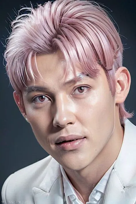 ((((1boy , full shot,light pink hair  color :1.5)))),(8k, RAW photo, best quality, masterpiece:1.2), (realistic, photo-realistic:1.4), (extremely detailed CG unity 8k wallpaper) , (( portrait of a charming male wear White tuxedo posing for shang yoon magaz...