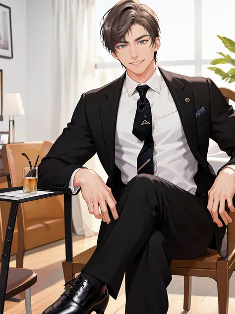 <lora:Artem_Wing:1>,Artem Wing,1boy,necktie,male focus,solo,sitting,jacket,shirt,white shirt,looking at viewer,pants,polo shirt,black pants,black jacket,black necktie,black footwear,formal,teeth,long sleeves,shadow,shoes,chair,smile,, masterpiece,best qual...