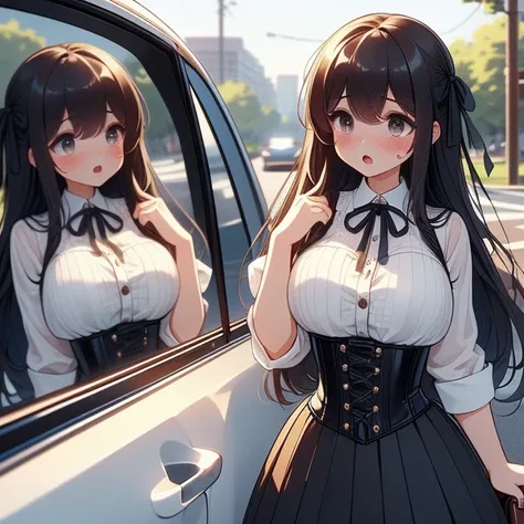 (((masterpiece))),  (((best quality))),  (((looking car glass))),  ((mirror on window)),  longhair,  ribbon,  big tits,  corset,  black pleated shirt,  button skirt,  sweat,  ribbon,  brown longhair,  suprise,  open mouth,  shy,  blush,  sidewalk,<lora:EMS...