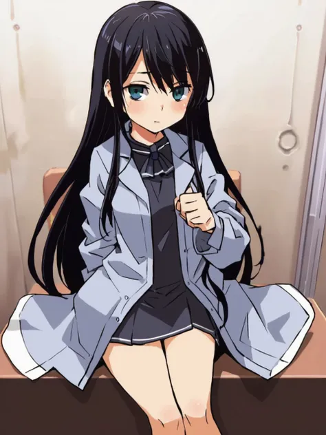 Takehito Harada, 1girl, solo, long hair, small breasts, looking at viewer, smug, bangs,trench coat , figure four sitting, study